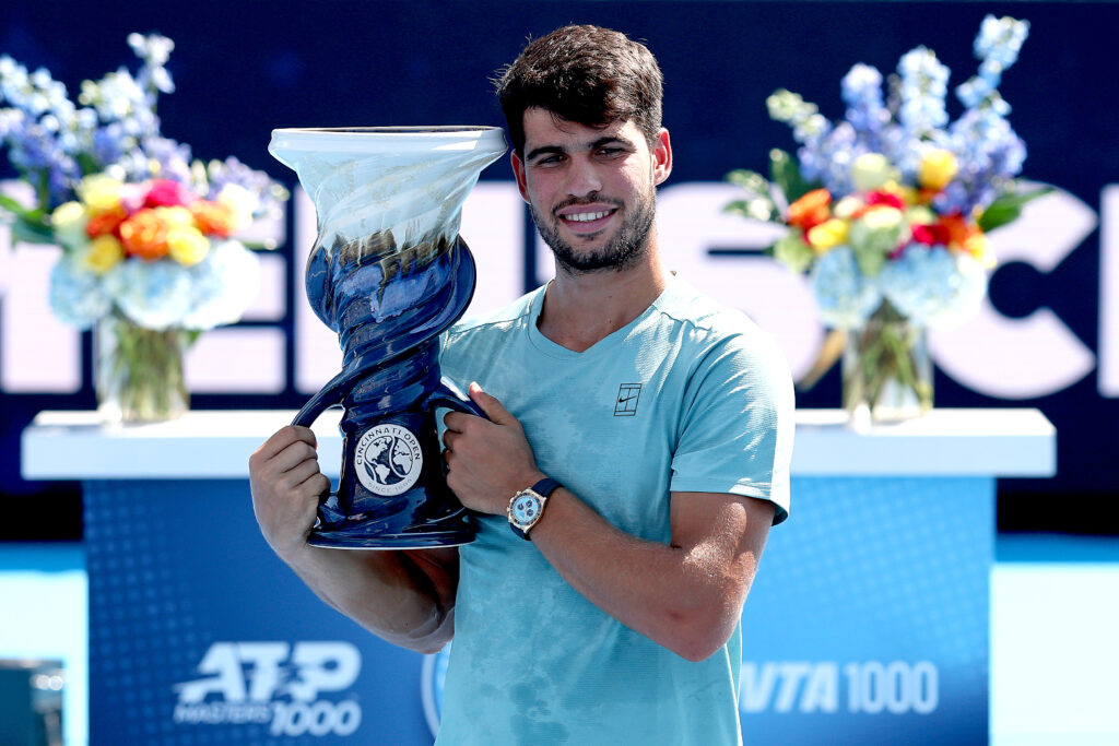 Carlos Alcaraz of Spain poses with the Rookwood Cup after his win over Jannik Sinner of Italy during the men's final of the Cincinnati Open at Lindner Family Tennis Center on August 18, 2025 in Mason, Ohio.
